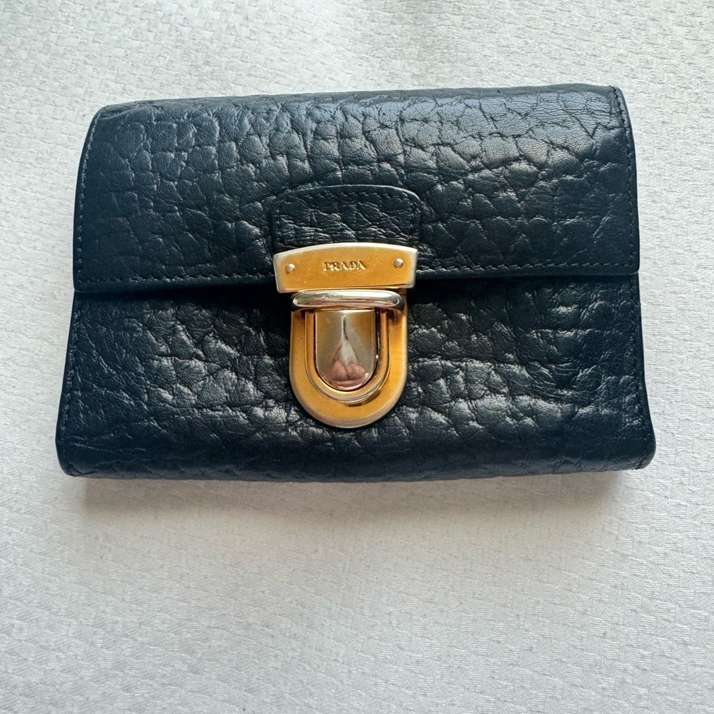 Prada Black Leather Wallet with Gold Clasp
